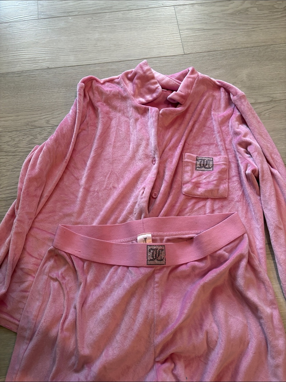 Juicy Couture Pink Plush Two-Piece Pajama Set with Logo Patch